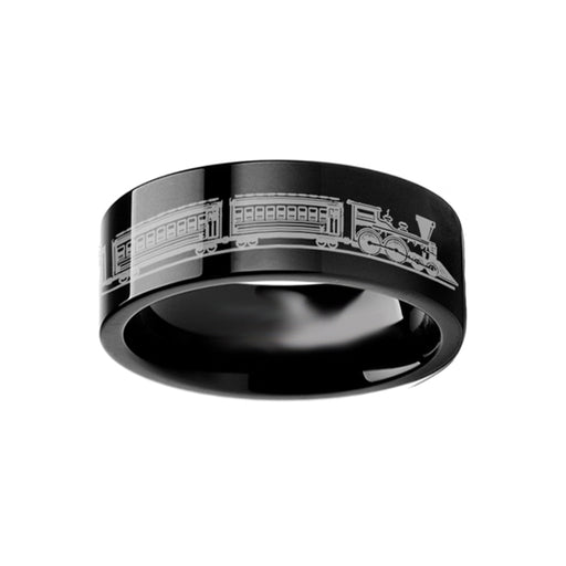 Conductor Long Train Railroad Trolly Landscape Ring Engraved Flat Tungsten Ring - 4mm - 12mm