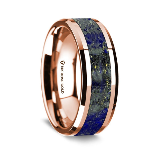 14k Rose Gold Polished Beveled Edges Wedding Ring with Lapis Inlay - 8 mm