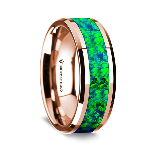 14k Rose Gold Polished Beveled Edges Wedding Ring with Blue and Green Opal Inlay - 8 mm