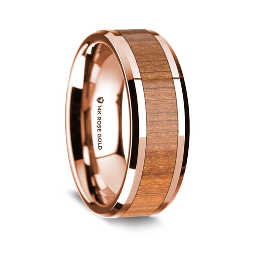 14K Rose Gold Polished Beveled Edges Wedding Ring with Cherry Wood Inlay - 8 mm