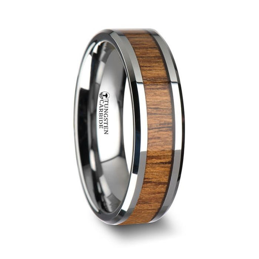 TEKKU Wood Tungsten Ring with Polished Bevels and Teak Wood Inlay - 6mm - 10mm