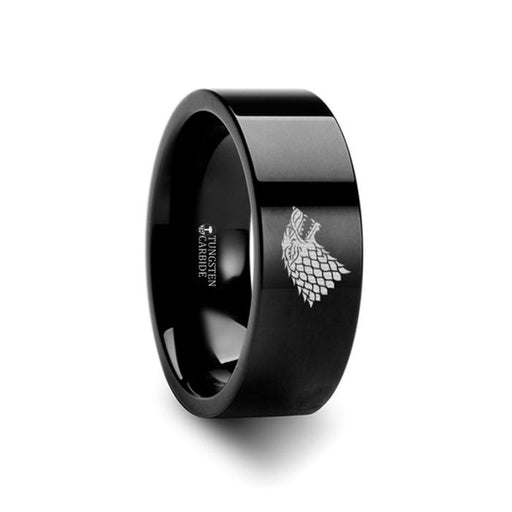 Game of Thrones Wolf Winter is Coming Symbol Super Hero Movie Black Tungsten Engraved Ring Jewelry - 4mm - 12mm