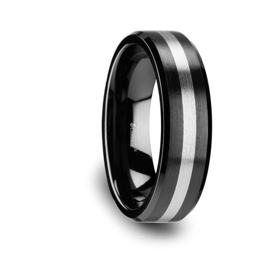 PHOENIX Brushed Black Ceramic Ring with Beveled Edges and Tungsten Inlay - 6mm & 8mm