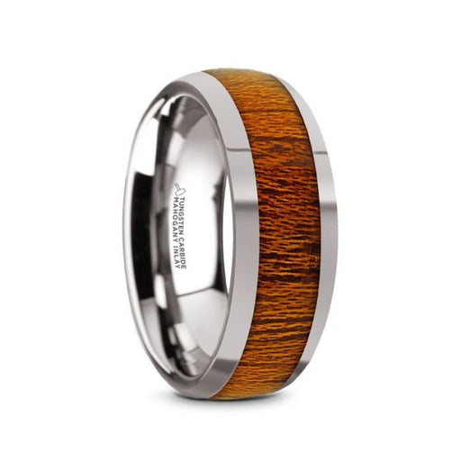 SWIETENIA Tungsten Carbide Mahogany Wood Inlay Men’s Domed Wedding Ring with Polished Finish - 8mm