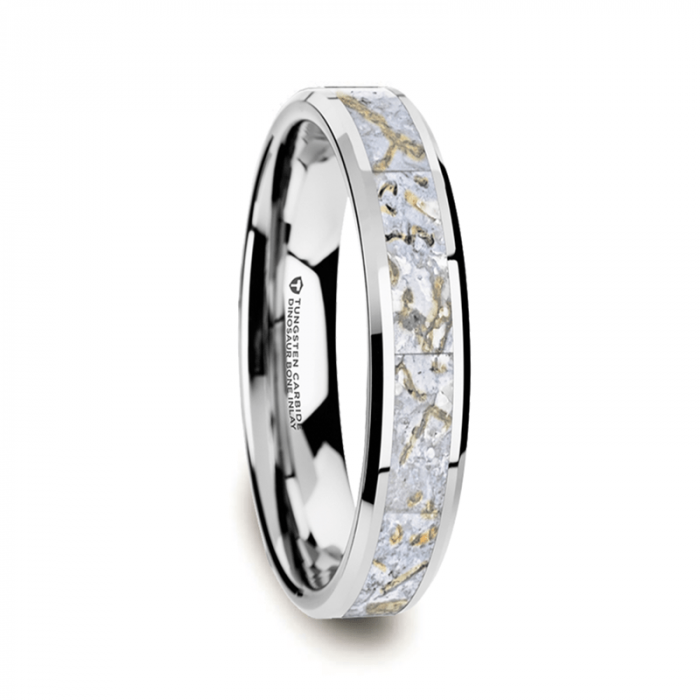 MESOZOIC Men’s Tungsten Flat Beveled Wedding Ring with White Dinosaur Bone Inlay - 4mm & 8mm