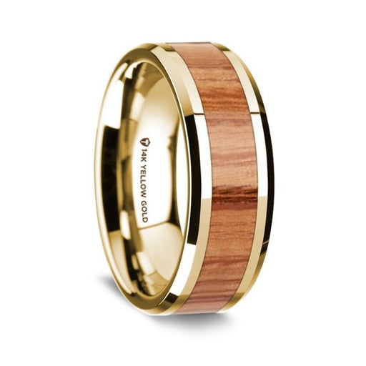 14K Yellow Gold Polished Beveled Edges Wedding Ring with Red Oak Wood Inlay - 8 mm