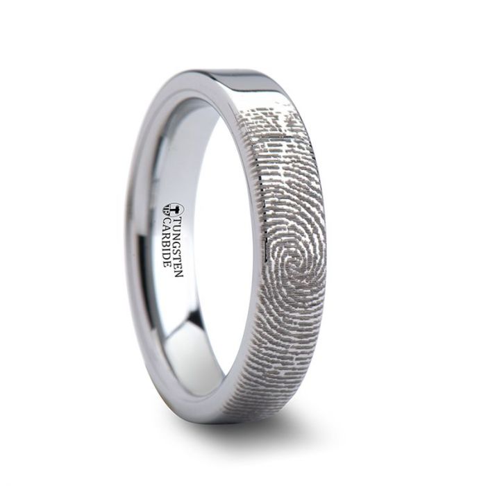 Fingerprint Engraved Flat Pipe Cut Tungsten Ring Polished- Spartan - 4mm - 12mm
