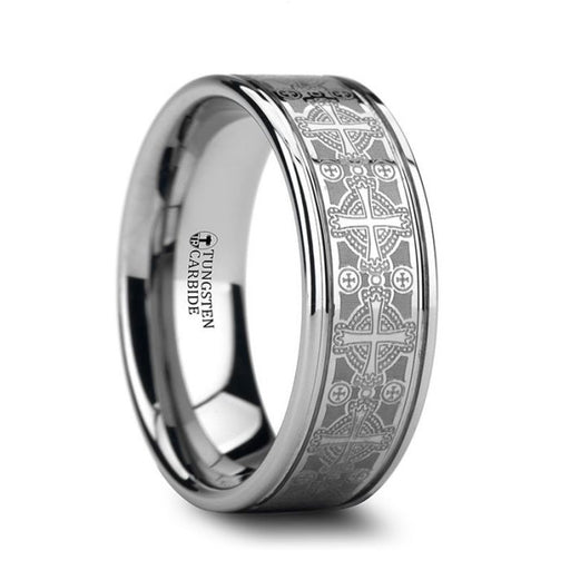 DEACON Flat Grooved Tungsten Ring with Engraved Intricate Cross Pattern - 8mm