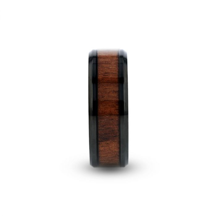 KONY Black Titanium Polished Beveled Edges Black Walnut Wood Inlaid Men’s Wedding Ring - 6mm & 8mm