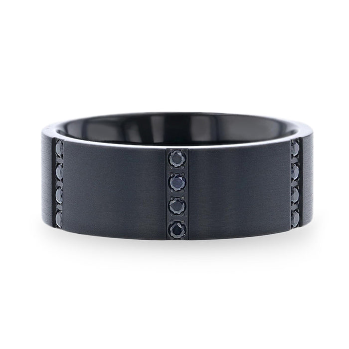 MYSTERIOUS Flat Brushed Black Titanium Men's Wedding Ring With 6 Sets of Quadruple Black Sapphires In Horizontal Channels