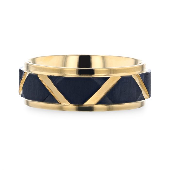 FLEMING Yellow Gold Plated Flat Polished Step Edged Titanium Men's Wedding Band With Matte Black Raised Horizontal Etches and Gold-Plated Diagonal-Shape Cut Inlay - 8mm