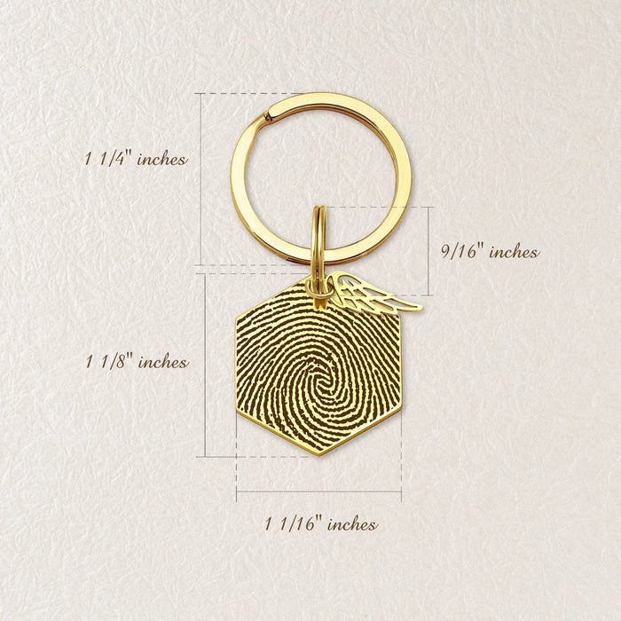Fingerprint Hexagon Memorial Key Chain with Angel Wing Charm-Jewelry-Anavia-Afterlife Essentials