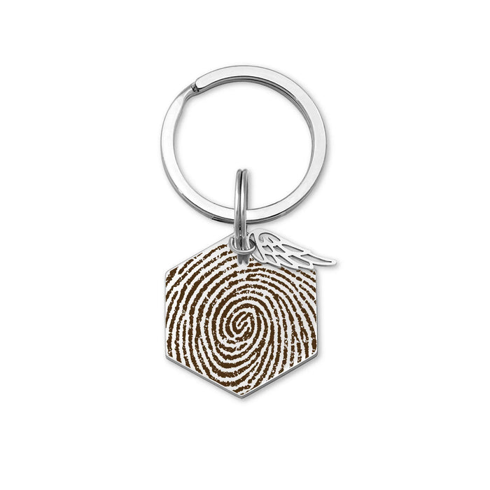 Fingerprint Hexagon Memorial Key Chain with Angel Wing Charm-Jewelry-Anavia-Afterlife Essentials