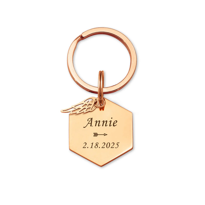 Fingerprint Hexagon Memorial Key Chain with Angel Wing Charm-Jewelry-Anavia-Afterlife Essentials