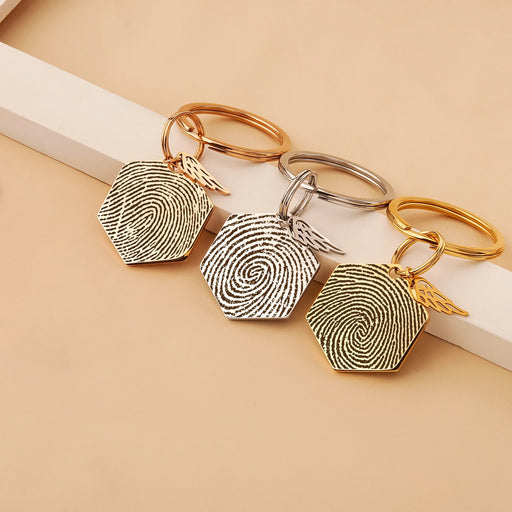 Fingerprint Hexagon Memorial Key Chain with Angel Wing Charm-Jewelry-Anavia-Afterlife Essentials