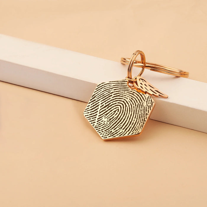 Fingerprint Hexagon Memorial Key Chain with Angel Wing Charm-Jewelry-Anavia-Afterlife Essentials