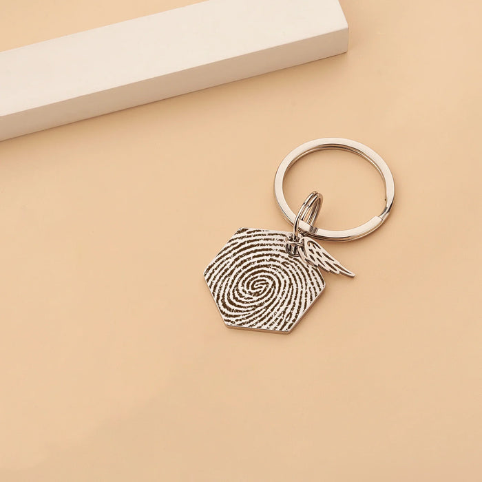 Fingerprint Hexagon Memorial Key Chain with Angel Wing Charm-Jewelry-Anavia-Afterlife Essentials