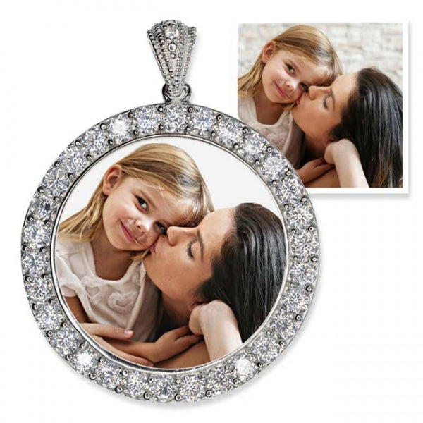 Sterling Silver & CZ Premium Round Photo Pendant Jewelry