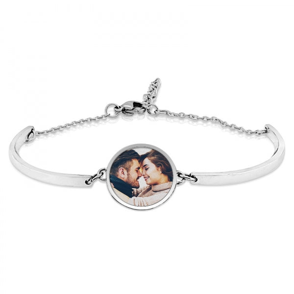 Round Photo Engraved Bracelet with Adjustable Chain Jewelry