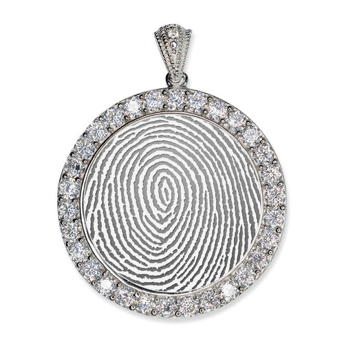 Sterling Silver Custom Fingerprint Round Pendant with Cubic Zirconias Jewelry