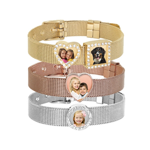 Photo Engraved Mesh Charm Bracelet with Buckle Jewelry