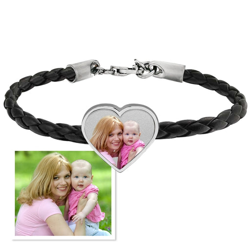 Photo Engraved Leather Rope Bracelet w/ Stainless Steel Heart Charm Jewelry