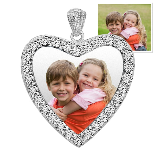 Sterling Silver & CZ Premium Heart Photo Pendant Jewelry