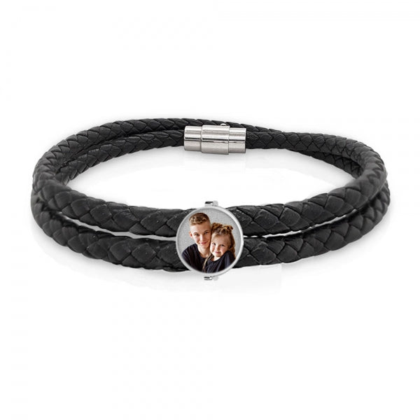 Photo Engraved Black Leather Rope Bracelet w/ Round Charm Jewelry