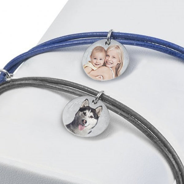 Sterling Silver Leather Rope Bracelet w/ Photo Engraved Charm Jewelry