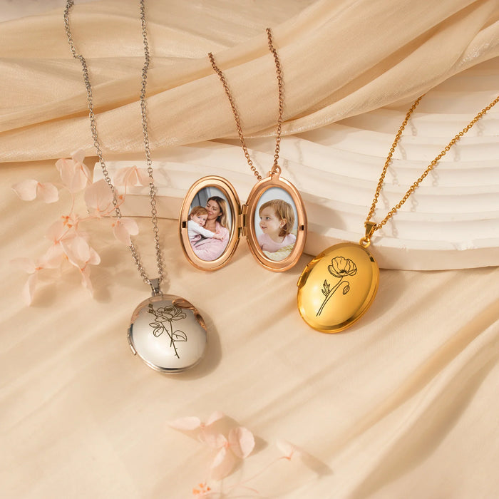 Oval Birth Flower Photo Locket Necklace-Jewelry-Anavia-Afterlife Essentials