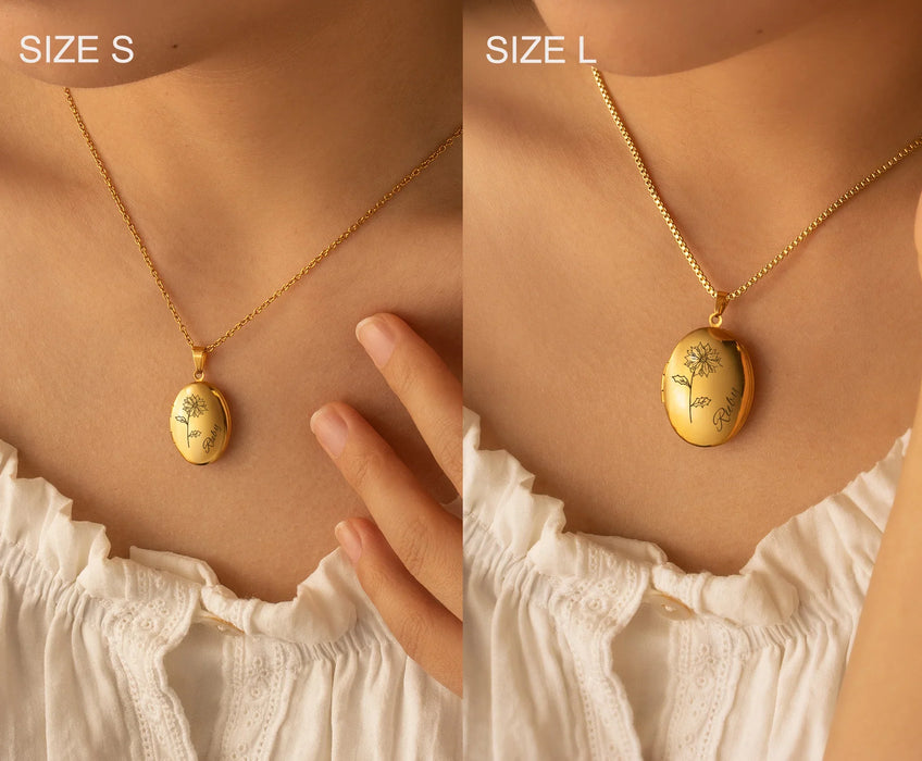 Oval Birth Flower and Name Photo Locket Necklace-Jewelry-Anavia-Afterlife Essentials