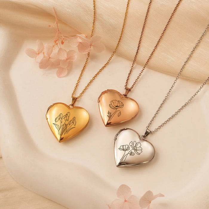 Birth Flower Heart Photo Locket Necklace-Jewelry-Anavia-Afterlife Essentials
