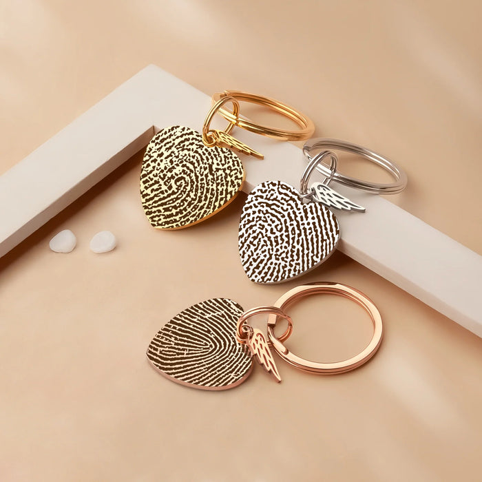 Fingerprint Heart Memorial Key Chain with Angel Wing Charm-Jewelry-Anavia-Afterlife Essentials