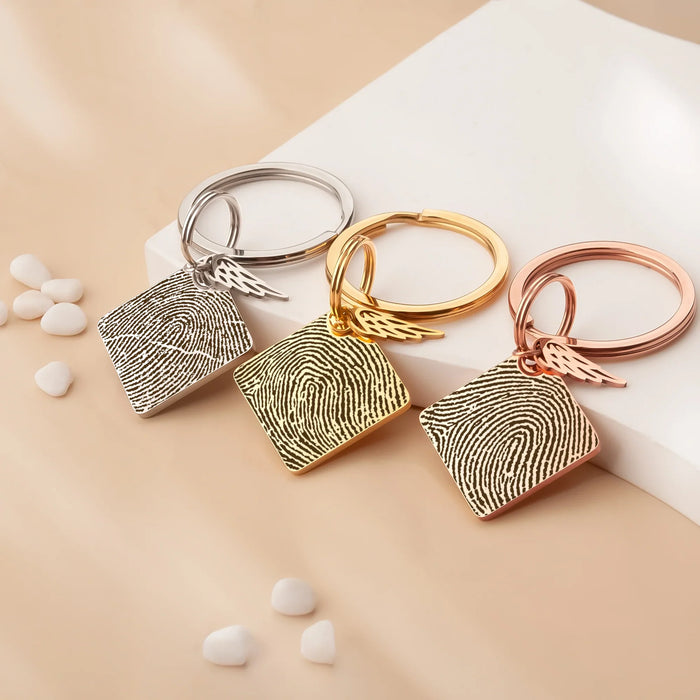 Fingerprint Diamond Memorial Key Chain with Angel Wing Charm-Jewelry-Anavia-Afterlife Essentials