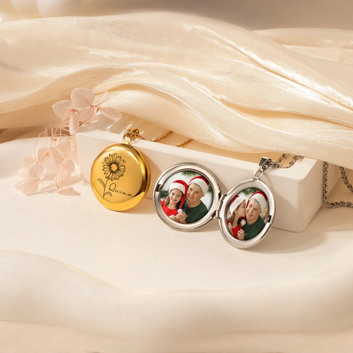 Round Birth Flower and Name Photo Locket Necklace-Jewelry-Anavia-Afterlife Essentials