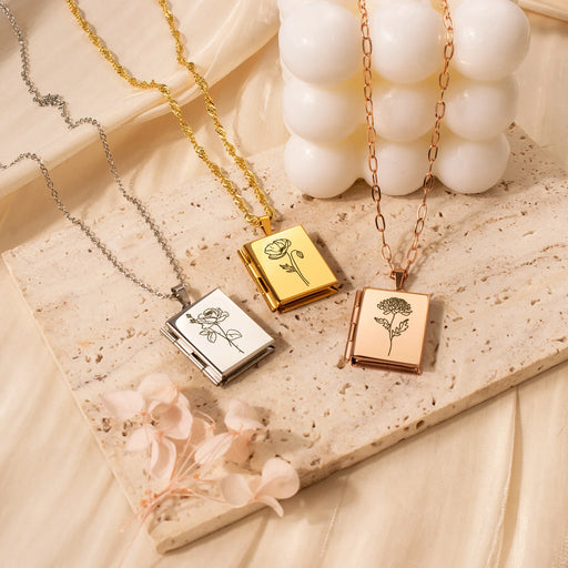 Square Birth Flower Photo Locket Necklace-Jewelry-Anavia-Afterlife Essentials