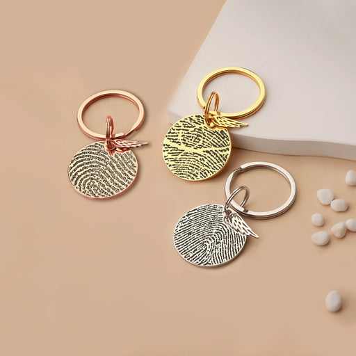 Fingerprint Round Memorial Key Chain with Angel Wing Charm-Jewelry-Anavia-Afterlife Essentials