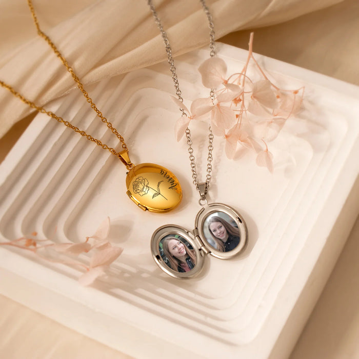 Oval Birth Flower and Name Photo Locket Necklace-Jewelry-Anavia-Afterlife Essentials