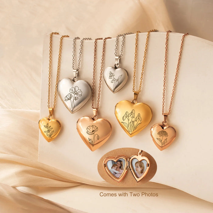 Birth Flower Heart Photo Locket Necklace-Jewelry-Anavia-Afterlife Essentials