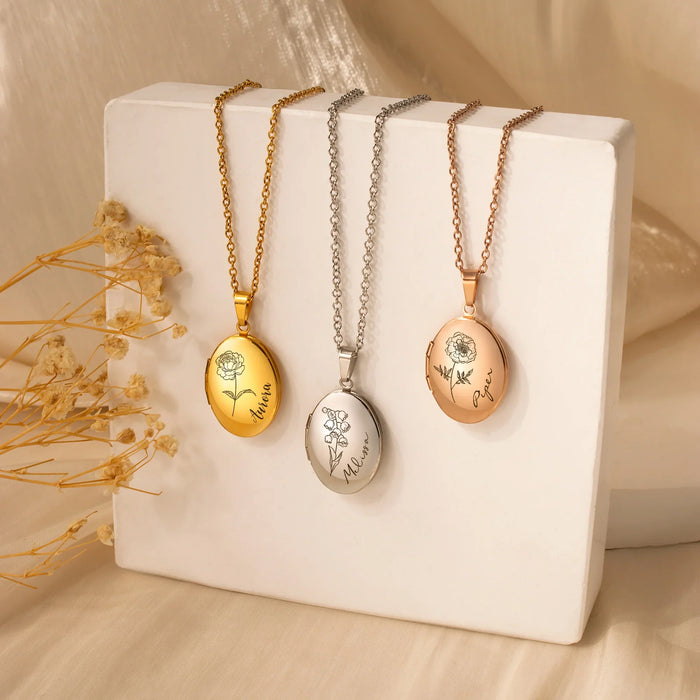 Oval Birth Flower and Name Photo Locket Necklace-Jewelry-Anavia-Afterlife Essentials