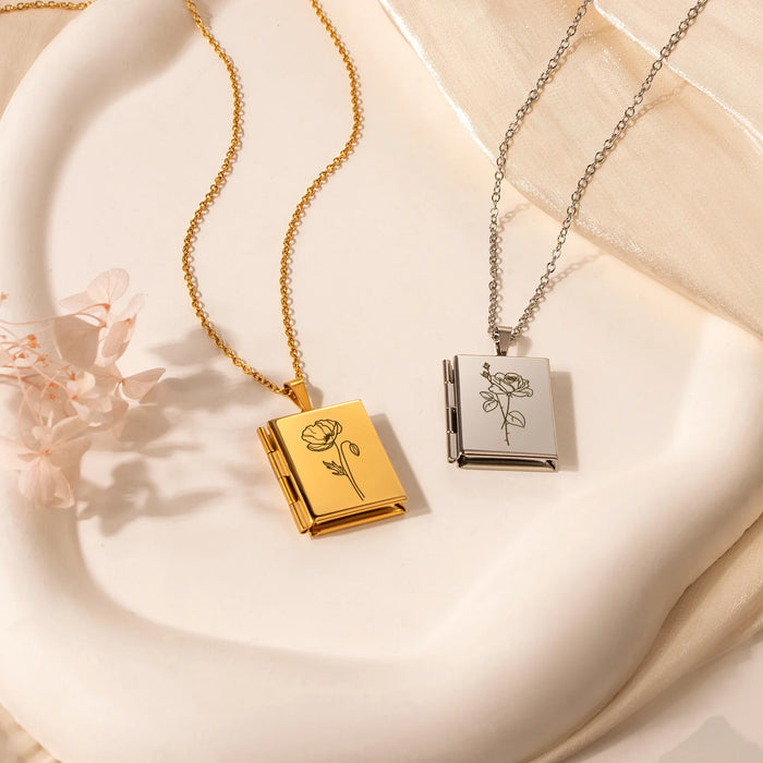 Square Birth Flower Photo Locket Necklace-Jewelry-Anavia-Afterlife Essentials