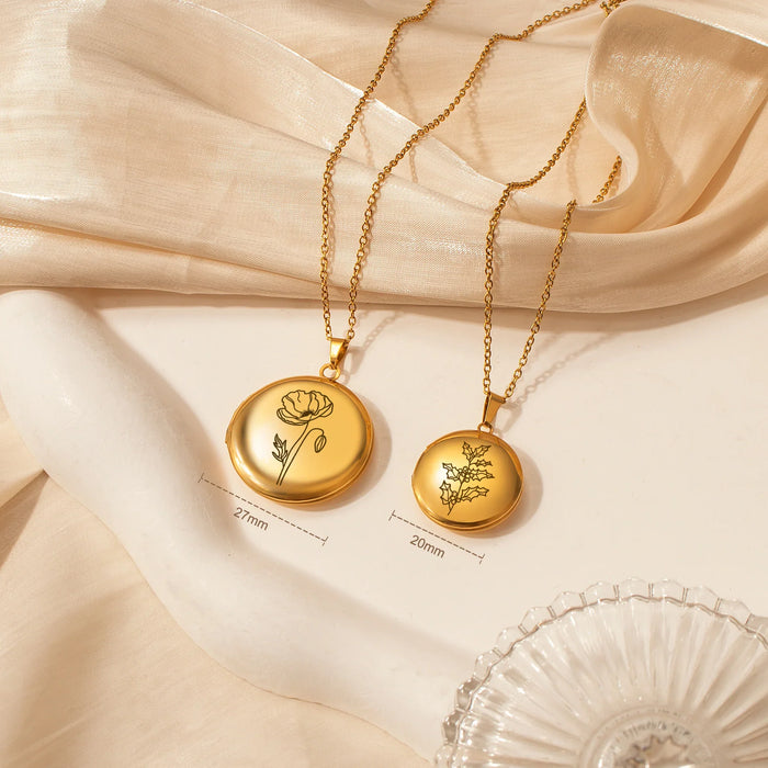Round Birth Flower Photo Locket Necklace-Jewelry-Anavia-Afterlife Essentials