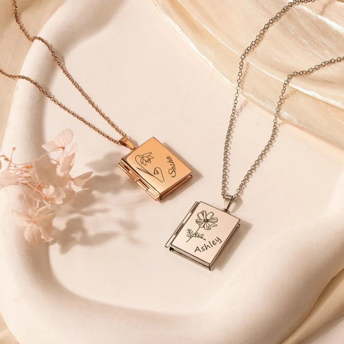 Square Birth Flower and Name Photo Locket Necklace-Jewelry-Anavia-Afterlife Essentials