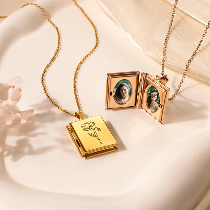 Square Birth Flower Photo Locket Necklace-Jewelry-Anavia-Afterlife Essentials