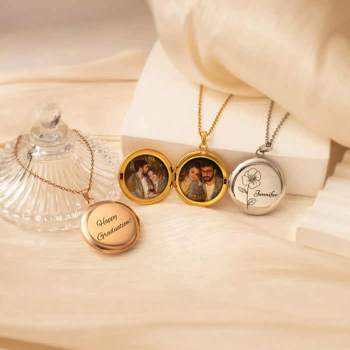 Round Birth Flower and Name Photo Locket Necklace-Jewelry-Anavia-Afterlife Essentials