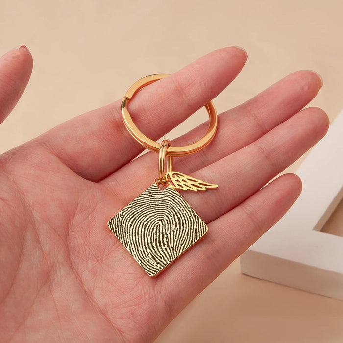 Fingerprint Diamond Memorial Key Chain with Angel Wing Charm-Jewelry-Anavia-Afterlife Essentials