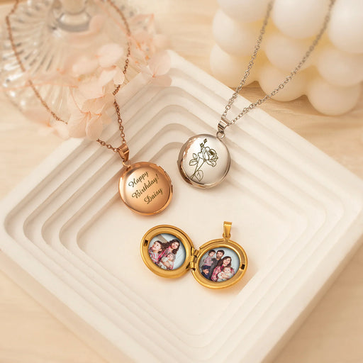 Round Birth Flower Photo Locket Necklace-Jewelry-Anavia-Afterlife Essentials