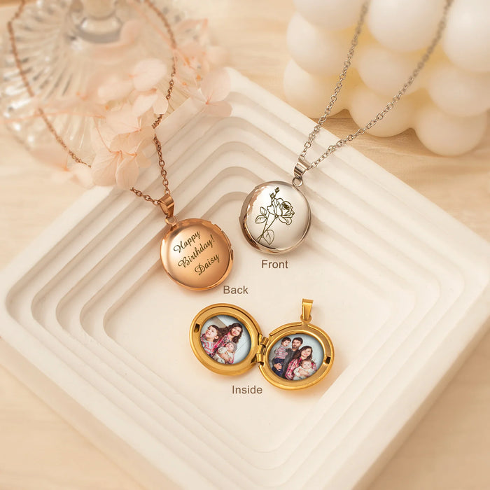 Round Birth Flower Photo Locket Necklace-Jewelry-Anavia-Afterlife Essentials
