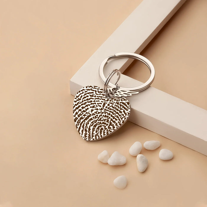Fingerprint Heart Memorial Key Chain with Angel Wing Charm-Jewelry-Anavia-Afterlife Essentials