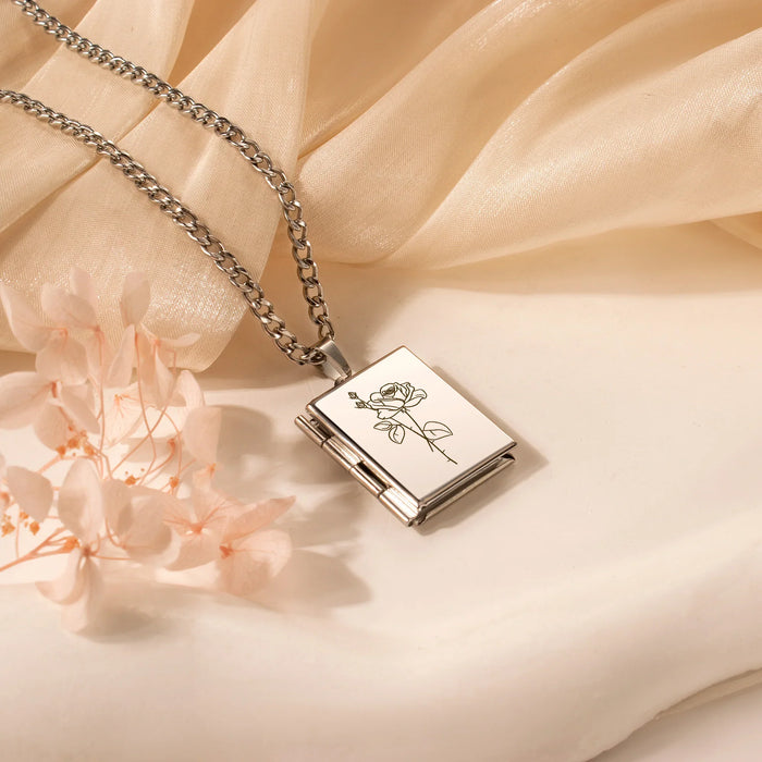 Square Birth Flower Photo Locket Necklace-Jewelry-Anavia-Afterlife Essentials